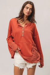 BiBi French Terry Knit Side Block Buttoned Henley Top OutfitFlow